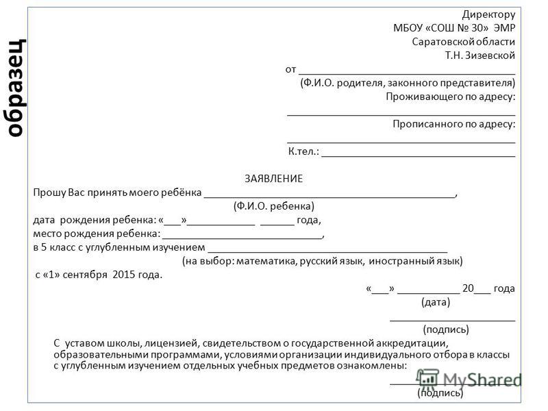 Заявление на 1 класс образец