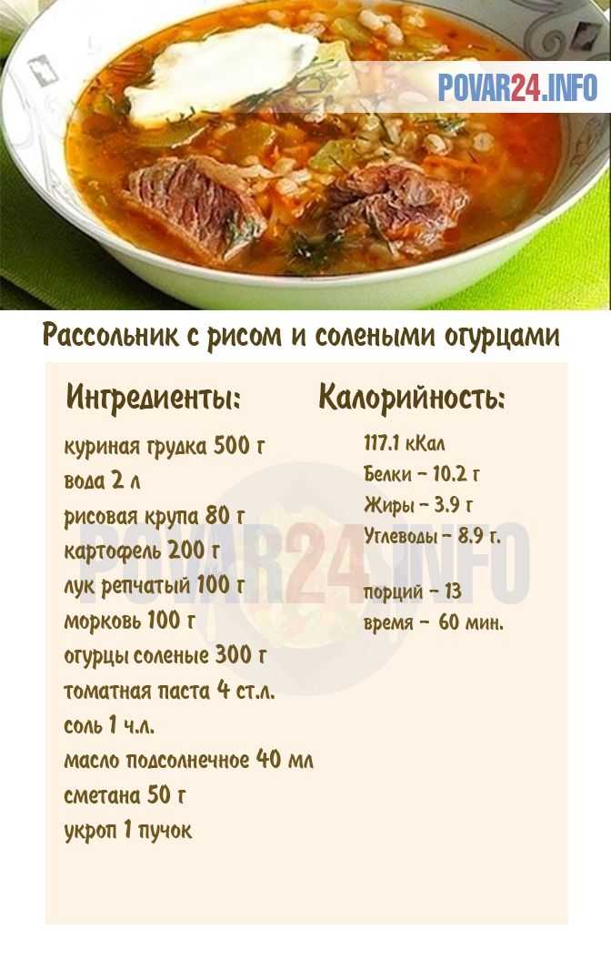 Рассольник на мясном бульоне калории